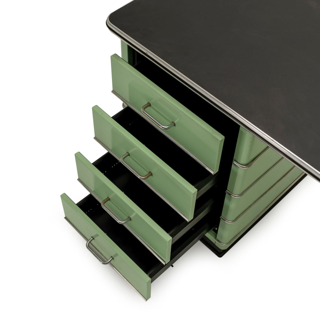 Large Green & Black Metal 8-Drawer Tanker Desk