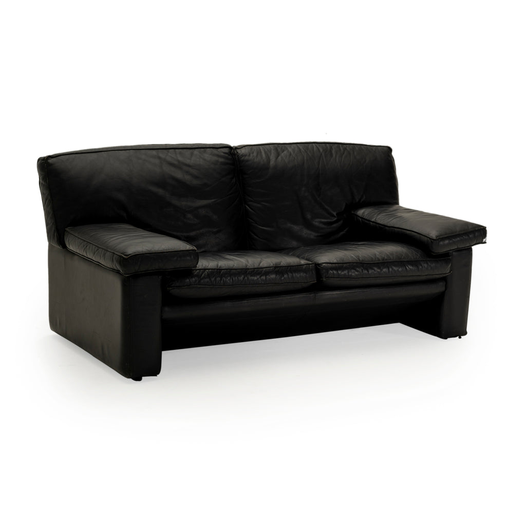 Wide Arm Black Leather Loveseat