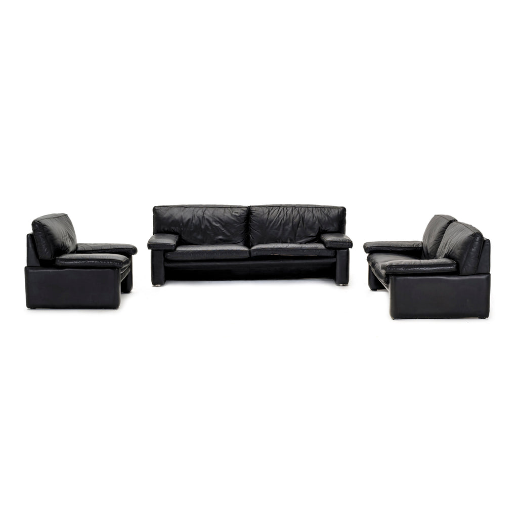 Wide Arm Black Leather Loveseat