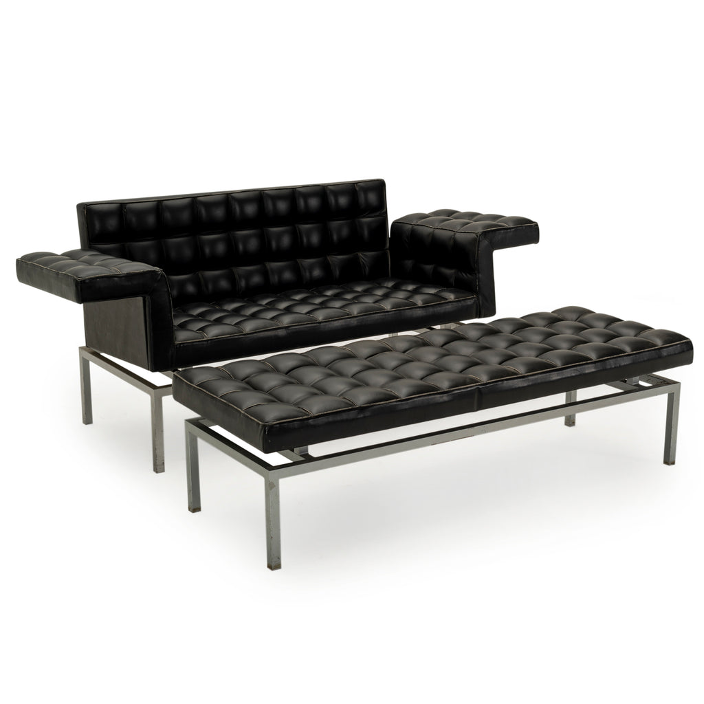 Tufted Black Leather Metal Bench