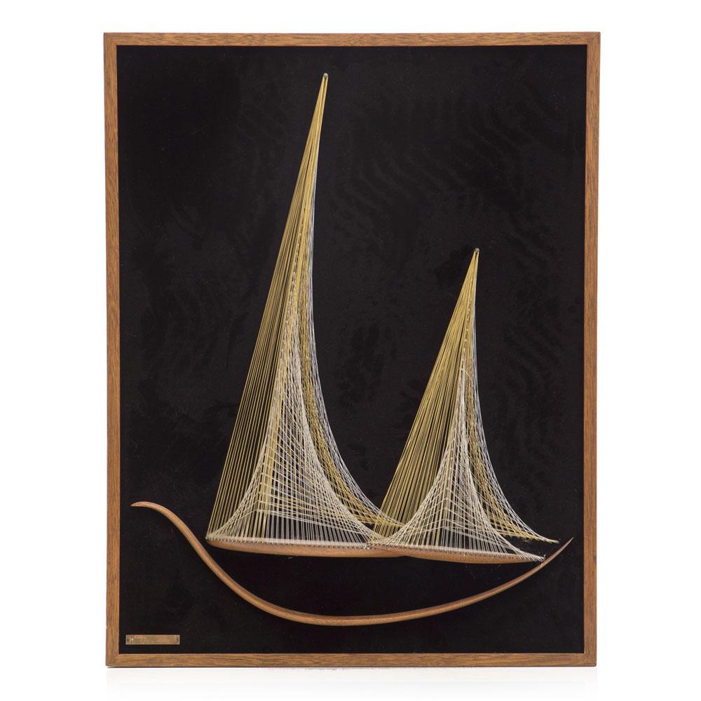 Tan Boat String Art - Black Velvet Back Frame