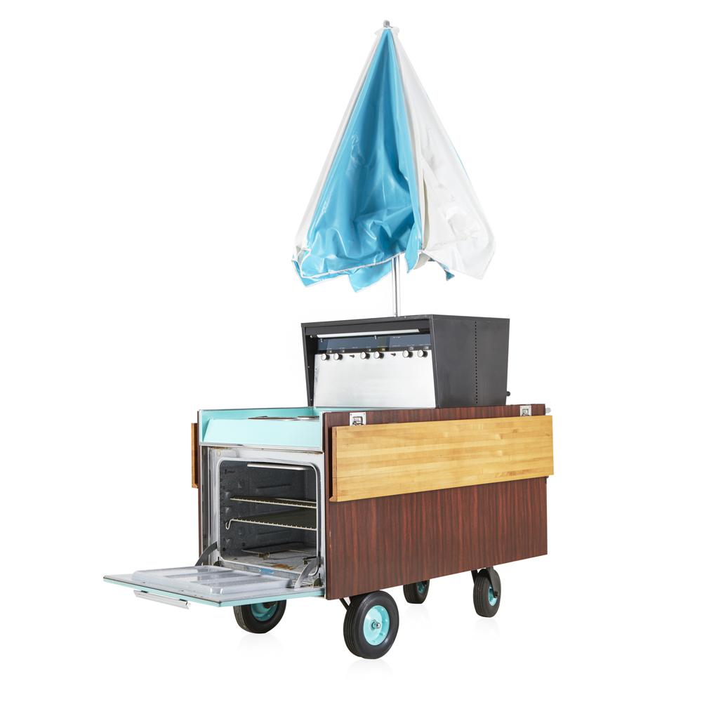 Turquoise and Wood GE Patio Cart Portable Grill with Umbrella Partio