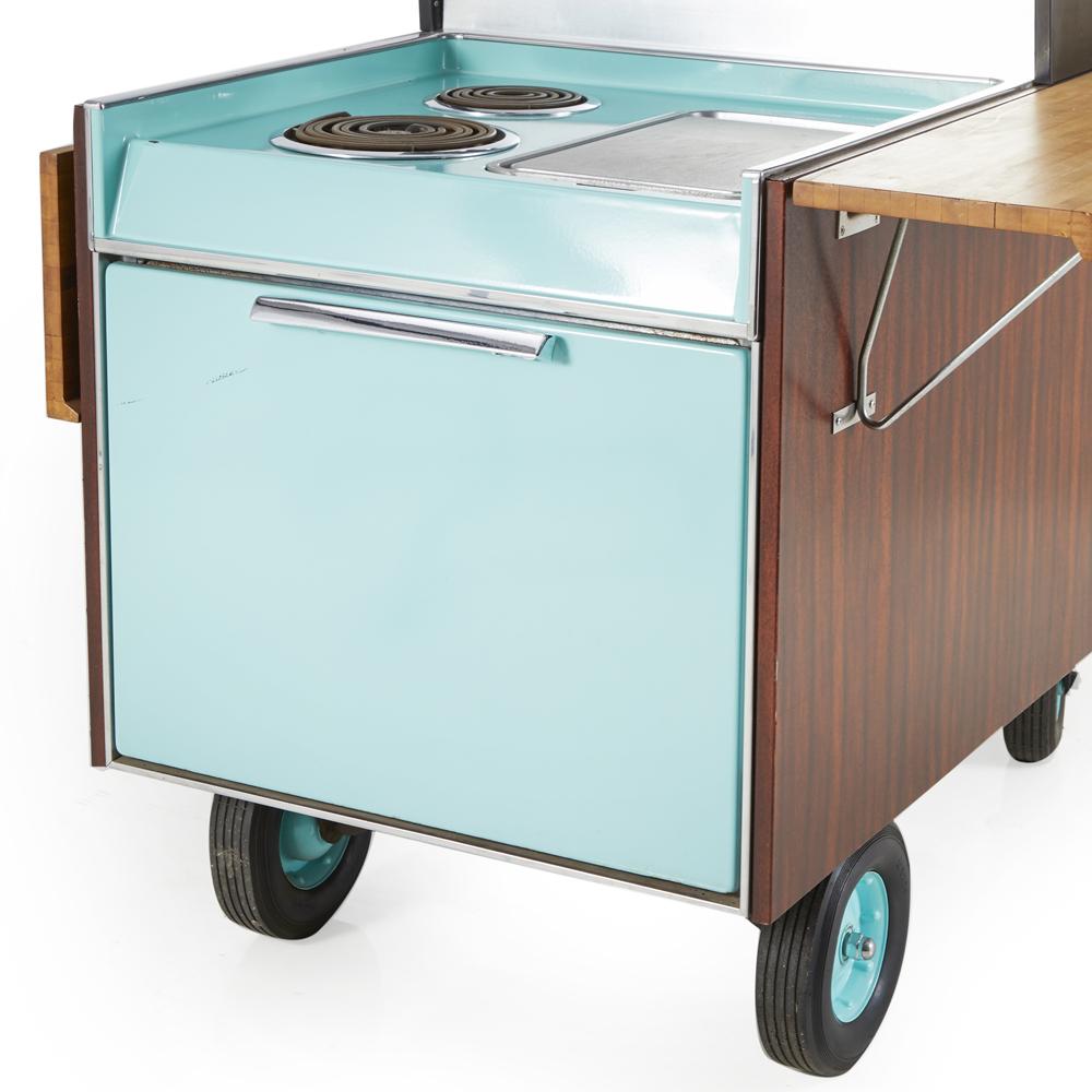 Turquoise and Wood GE Patio Cart Portable Grill with Umbrella Partio