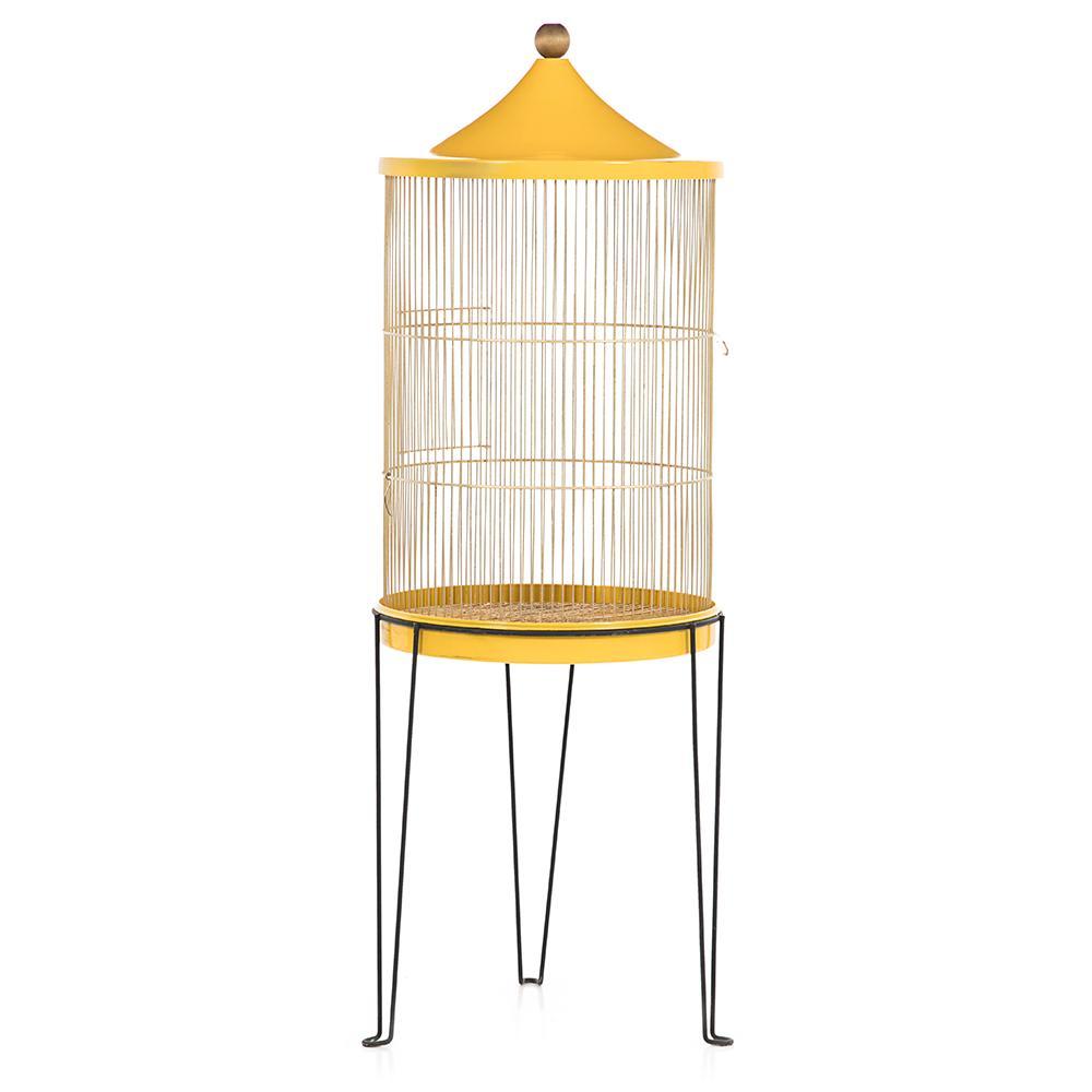 Yellow Birdcage on Black Hairpin Stand