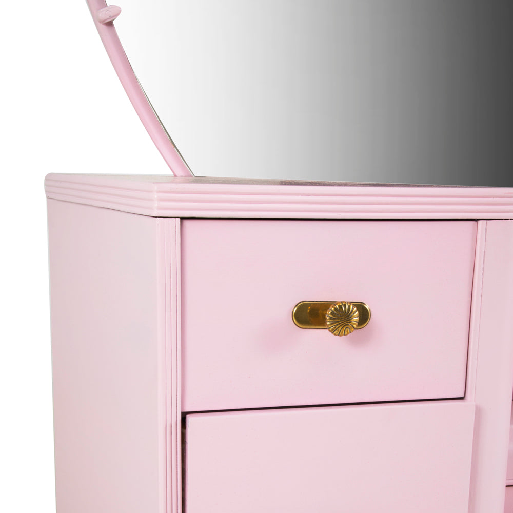 Pink Vanity Table with Large Round Mirror