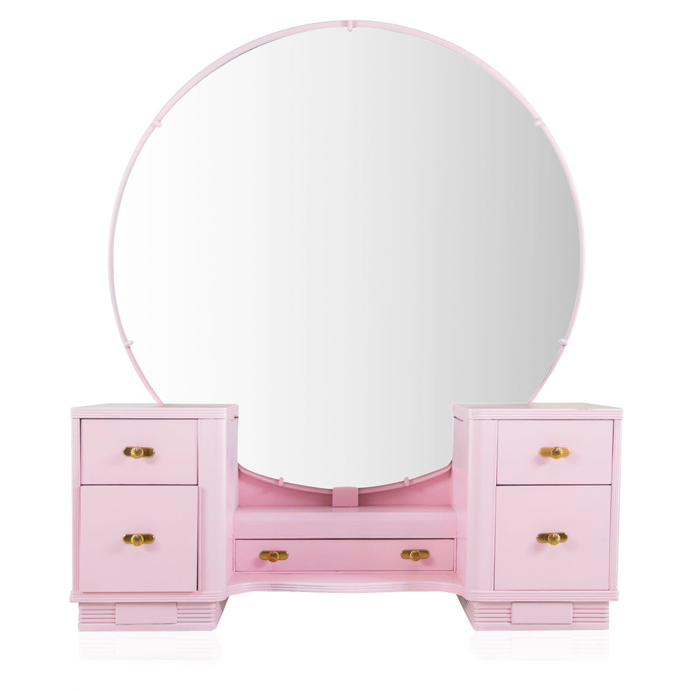 Pink Vanity Table with Large Round Mirror - Gil & Roy Props Pink Vanity Table with Large Round Mirror - Gil & Roy Props