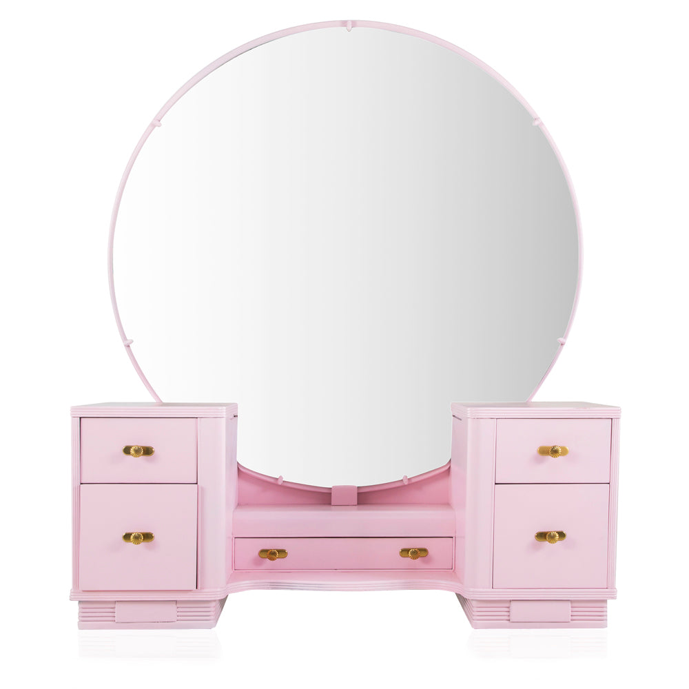 Pink Vanity Table with Large Round Mirror