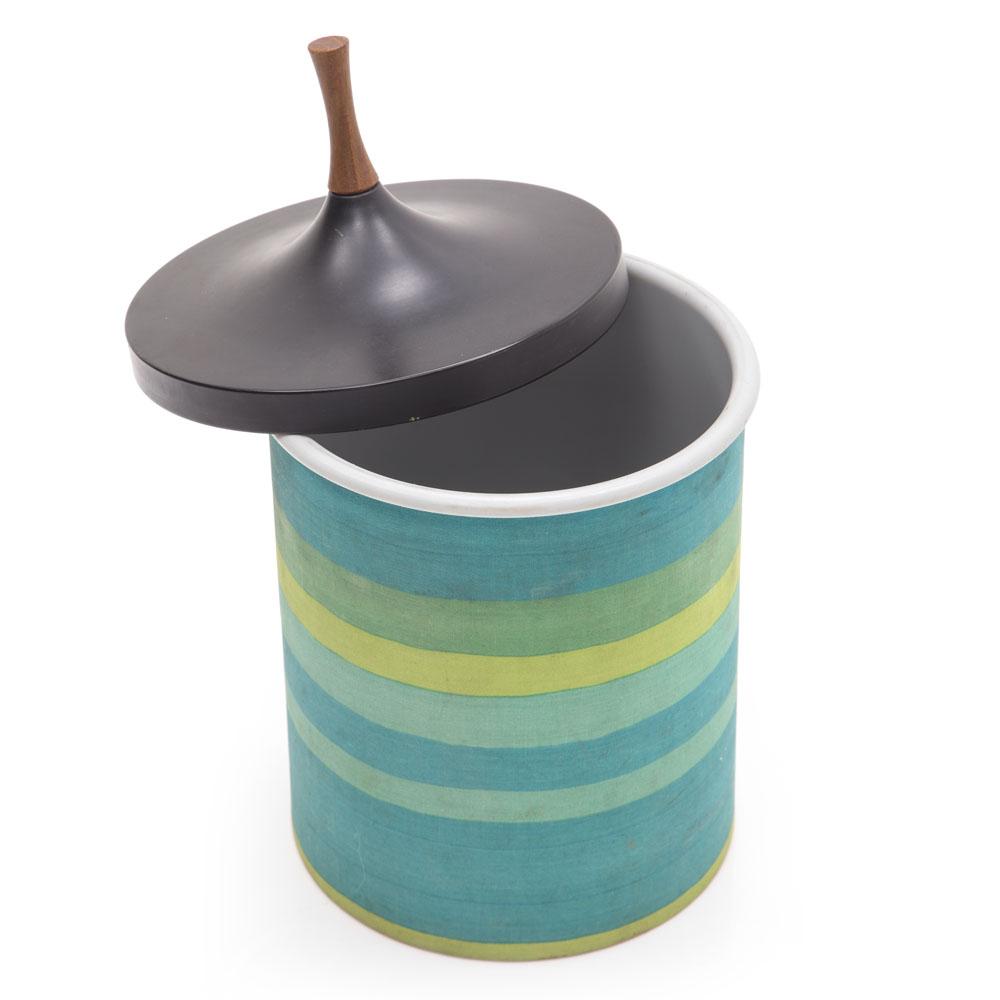 Turquoise Striped Ice Bucket w Brown Lid