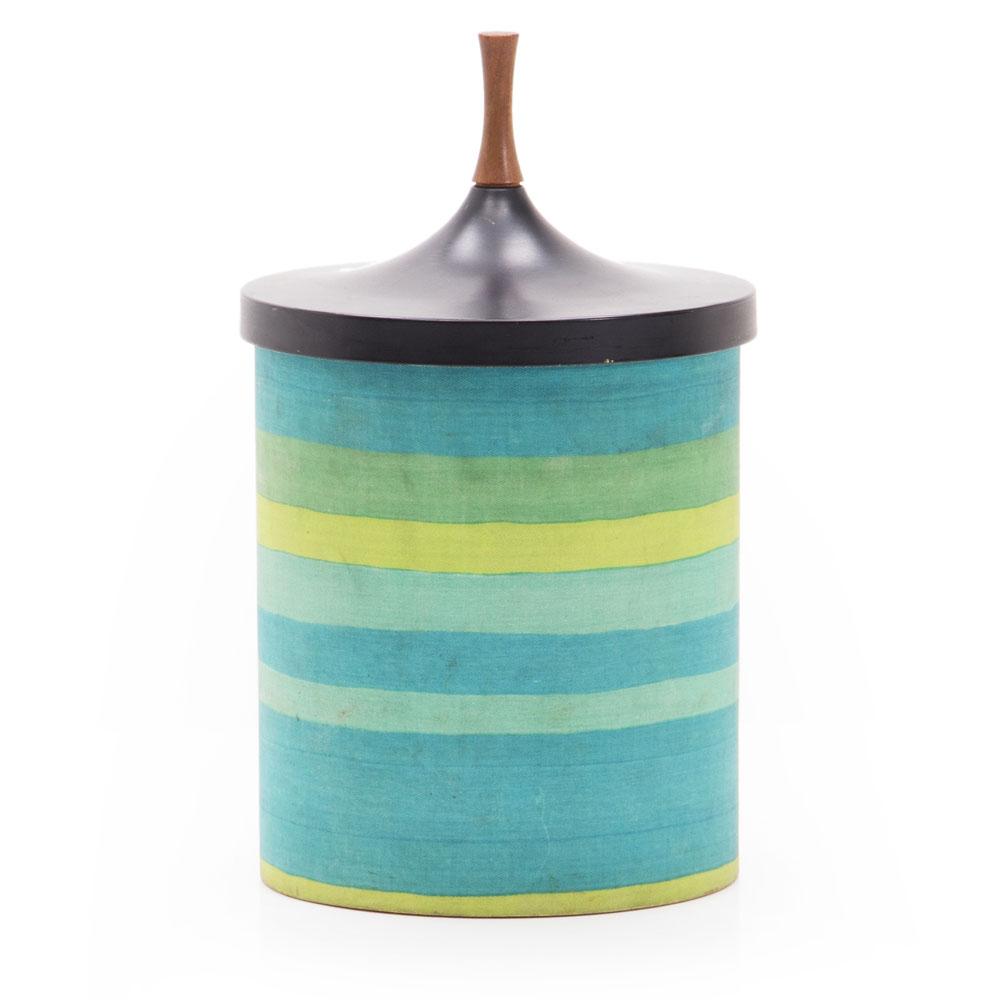 Turquoise Striped Ice Bucket w Brown Lid