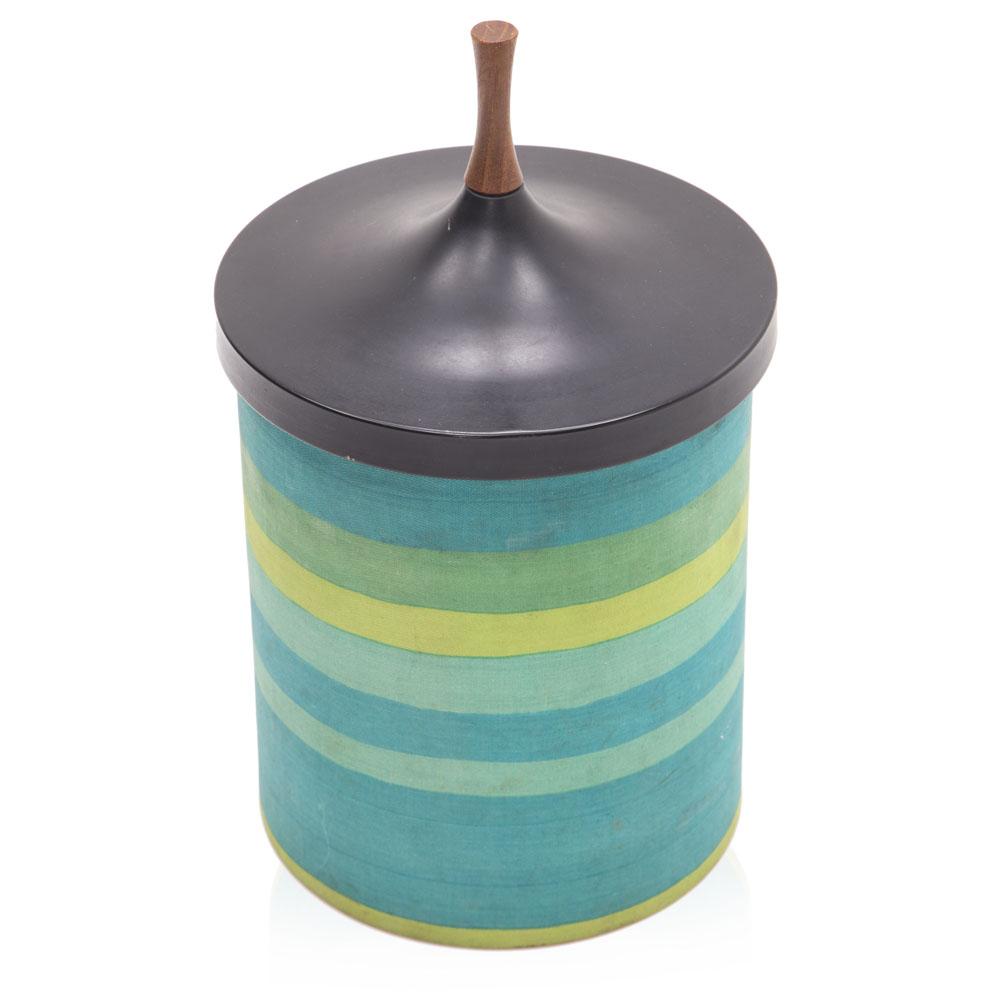 Turquoise Striped Ice Bucket w Brown Lid