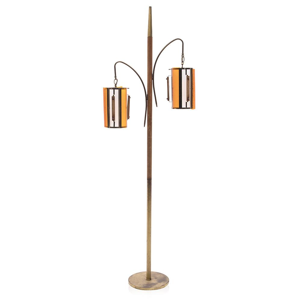 Walnut Brass Floor Lamp with Hanging Cylinder Lanterns