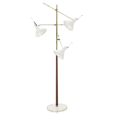 Brass and Wood White Triple Shade Floor Lamp
