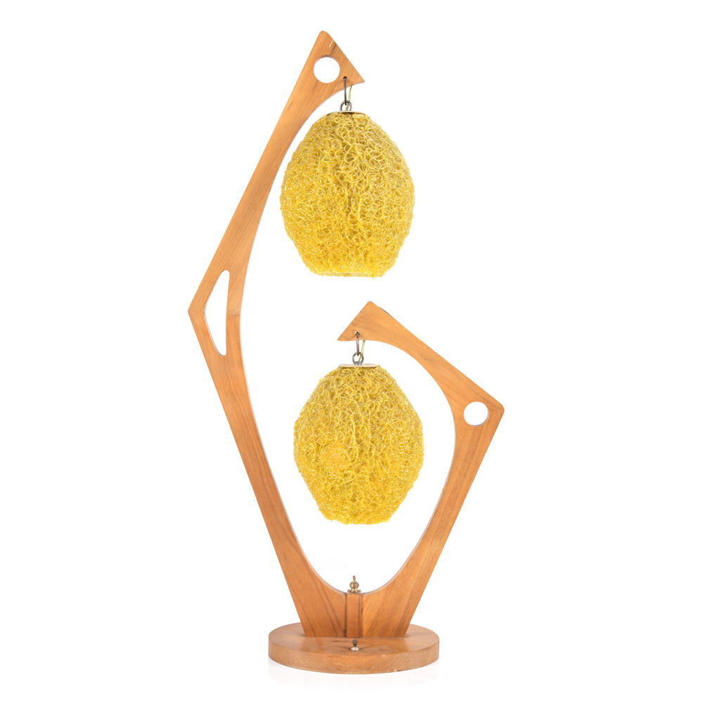 Wood & Yellow Mid-Century Modern Spun Double Pendant Table Lamp