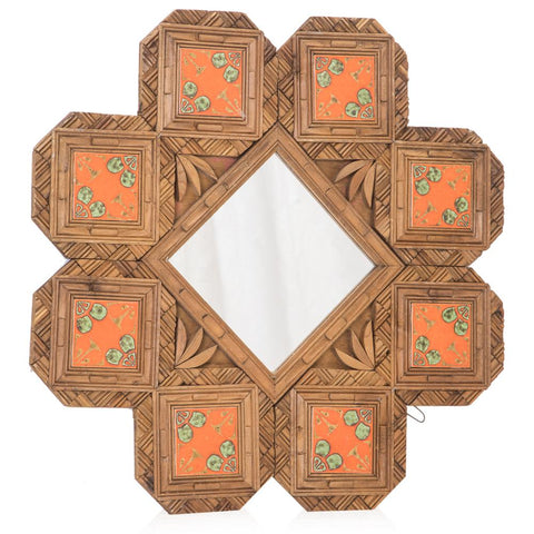 Wood and Orange Large Hexagon Tile Wall Mirror