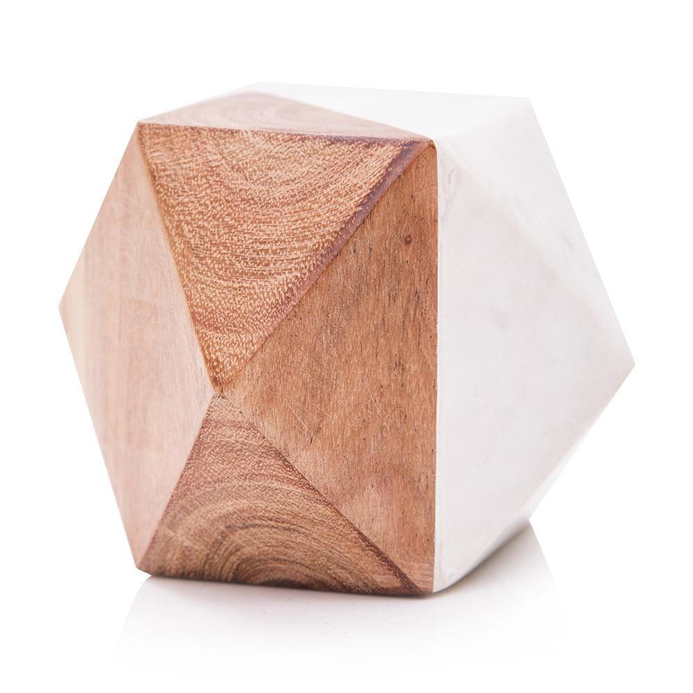 White Marble and Wood Geometric Paperweight (A+D)