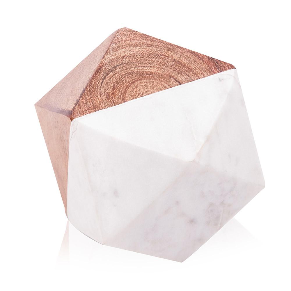 White Marble and Wood Geometric Paperweight (A+D)