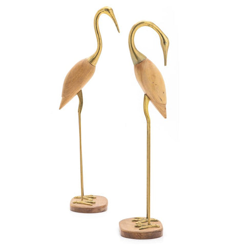 Set of 2 Wood snd Brass Standing Crane Sculptures