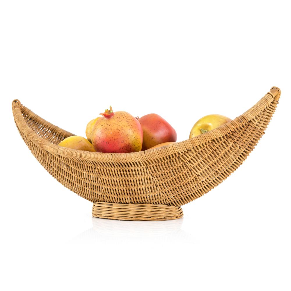 Wicker Crescent Boat Fruit Basket w. Faux Fruit