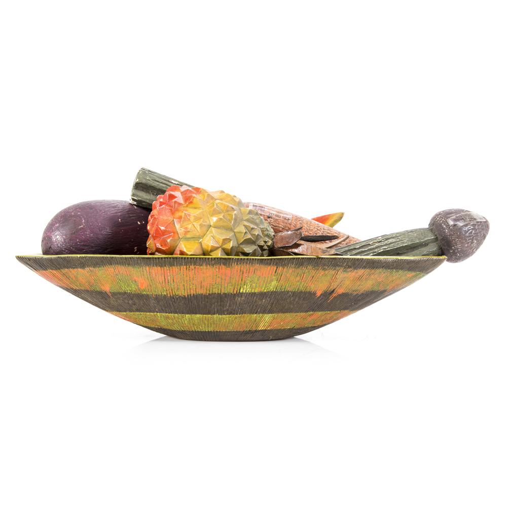 Colorful Striped Fruit Bowl with Carved Wood Vegetables