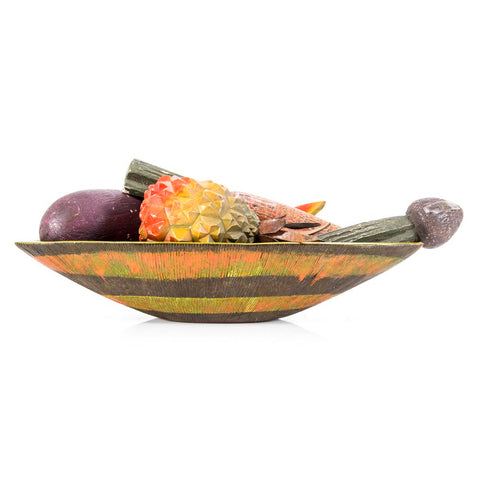 Colorful Striped Fruit Bowl with Carved Wood Vegetables