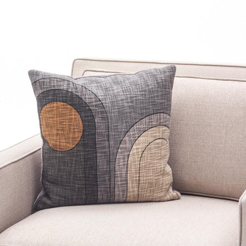 Grey Linen Deco Lines Pillow with Orange Moon