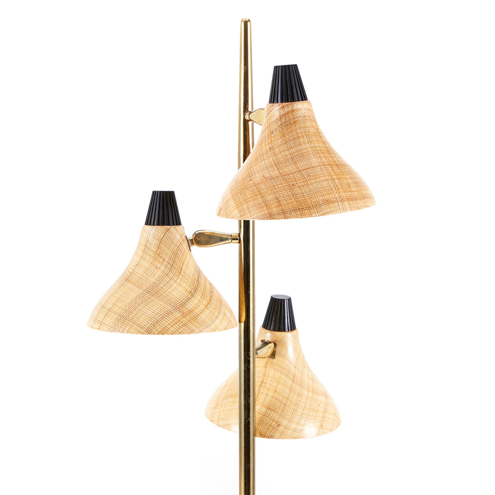 Brass Floor Lamp with 3 Woven Wood Shades