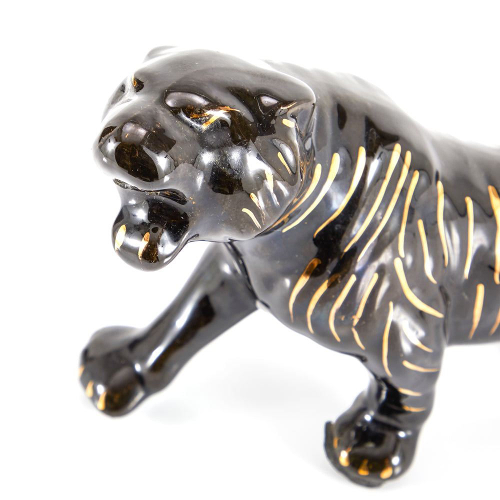 Ceramic Black Gold Striped Tiger Figurine