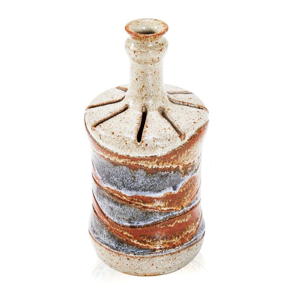 Tan Blue Brown & White Ceramic Bottle Neck Vase (A+D)