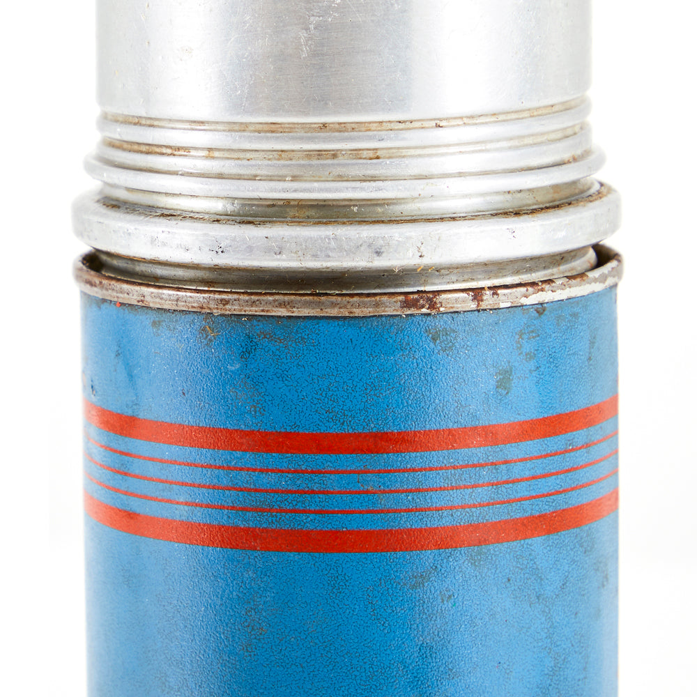 Blue & Red Stripe Vintage Thermos with Chrome Lid