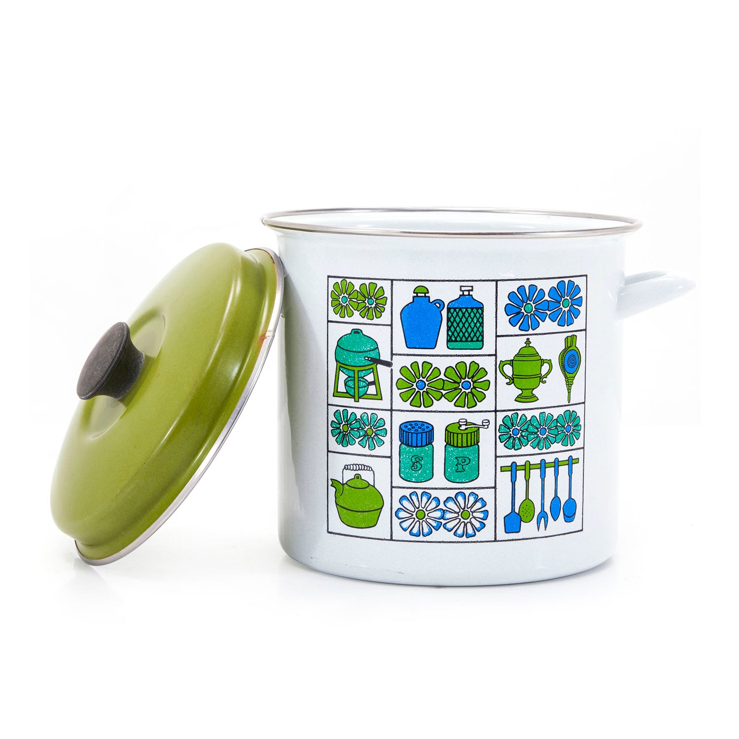 Blue + Green Pattern Enamel Cookware Set - 5 Pots + 3 Lids - Gil & Roy ...