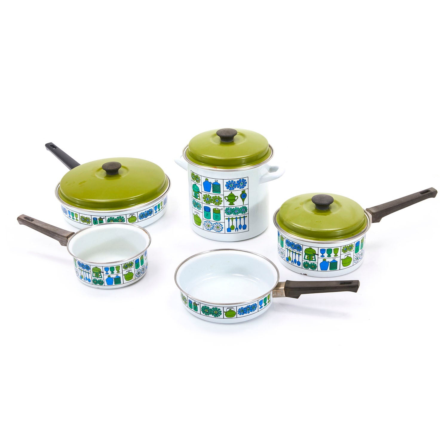 Blue + Green Pattern Enamel Cookware Set - 5 Pots + 3 Lids - Gil & Roy ...