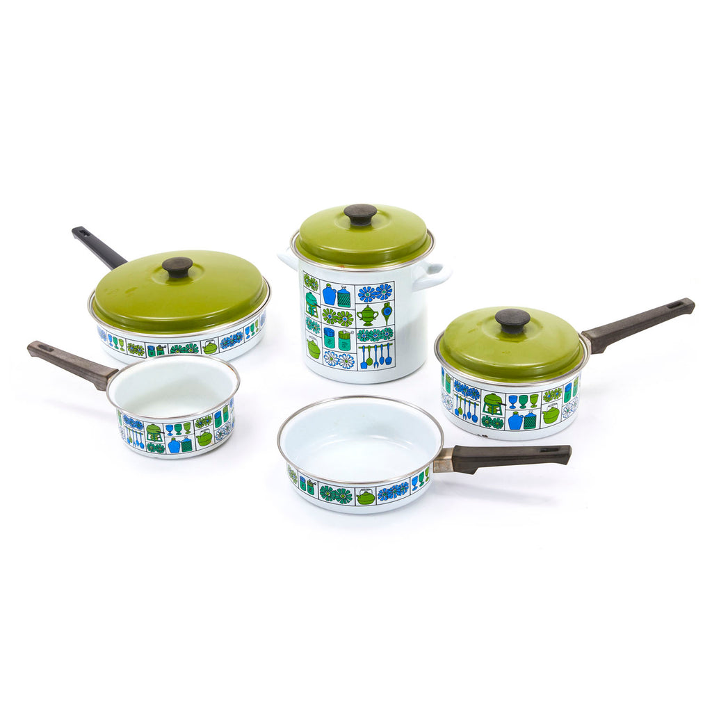Blue + Green Pattern Enamel Cookware Set - 5 Pots + 3 Lids
