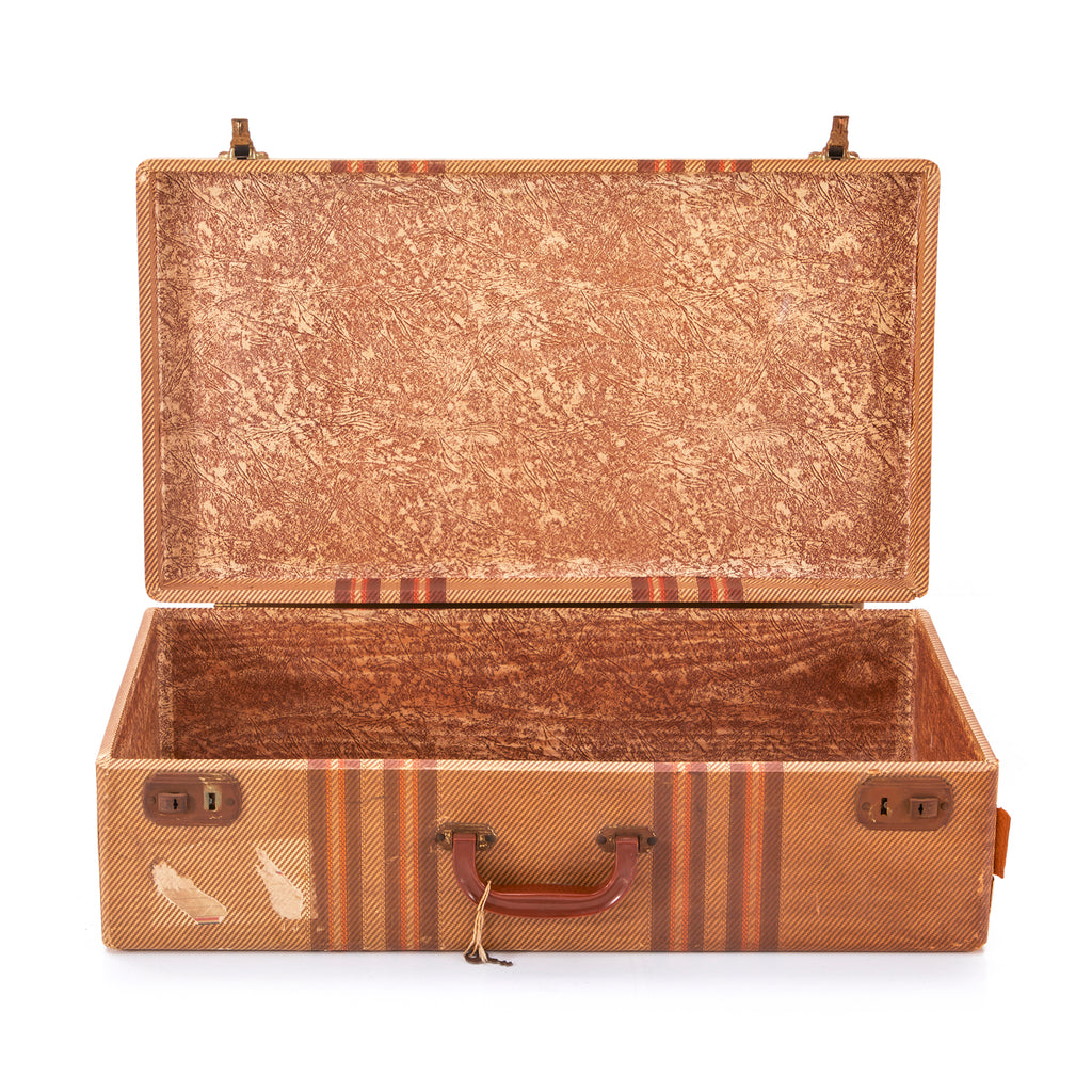Tan Hardshell Suitcase with Brown-Red Stripes