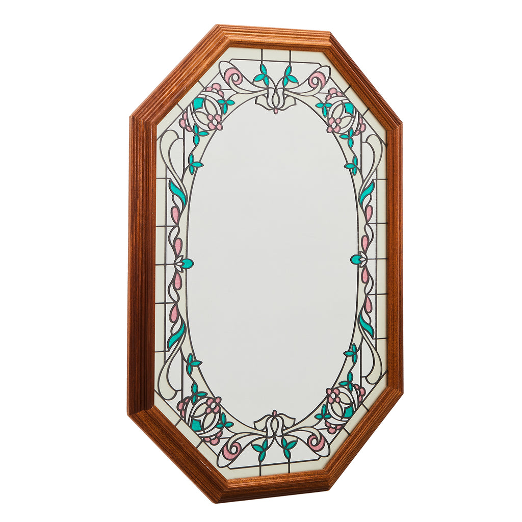 Wood Octagon Floral Glass Wall Mirror