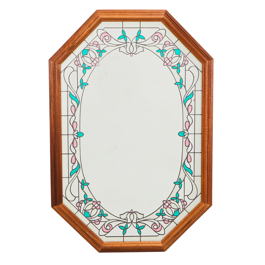 Wood Octagon Floral Glass Wall Mirror