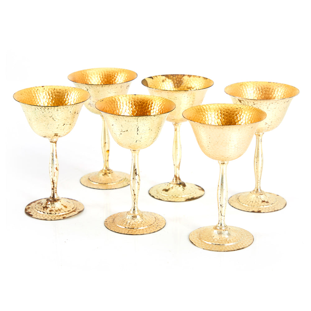Set of 6 Gold Dimpled Metal Goblets and Pitcher