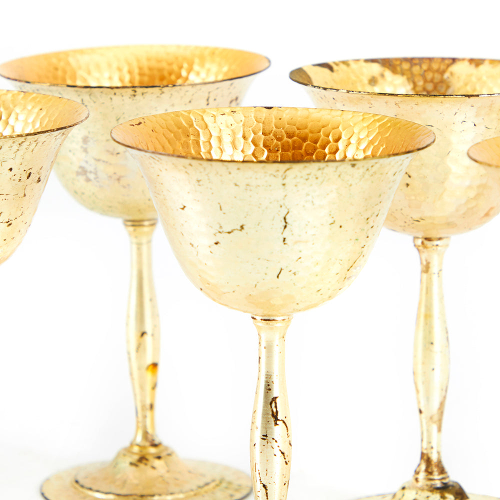 Set of 6 Gold Dimpled Metal Goblets and Pitcher