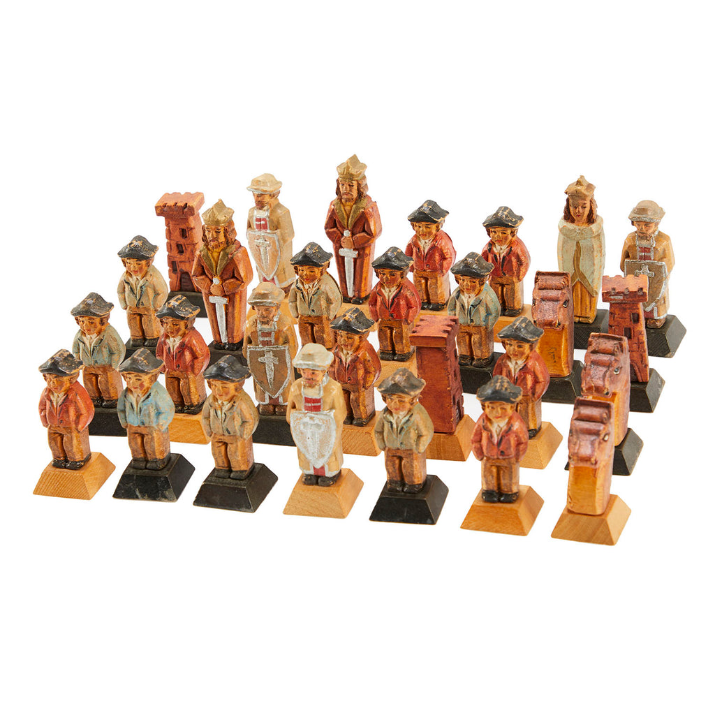 Vintage Wood Carved People Chess Set