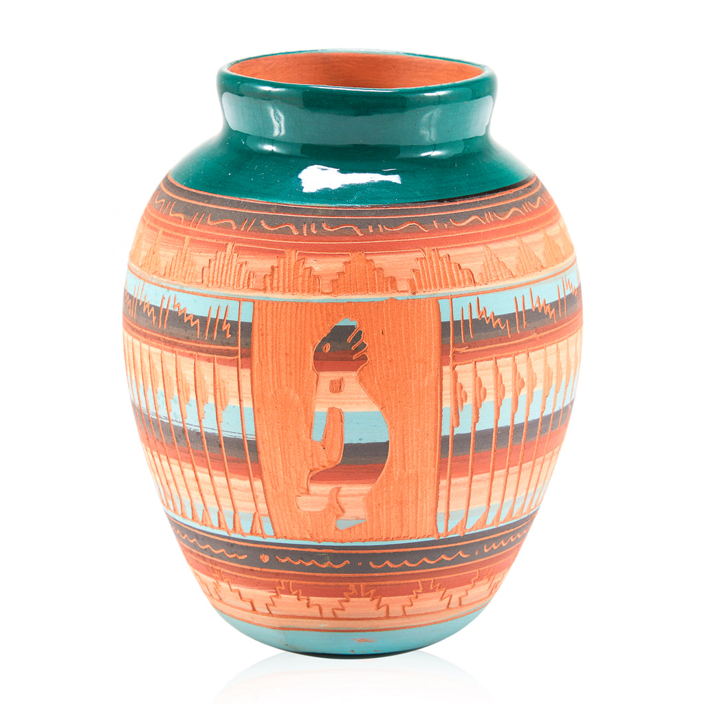 Orange and Teal Kokopelli Terracotta Vase (A+D)