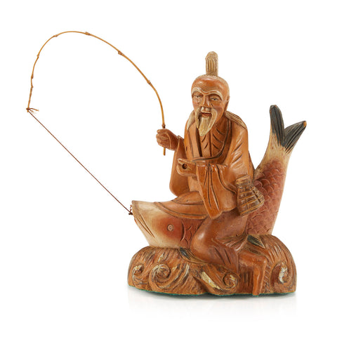 Wood Man On Fish Asian Figurine