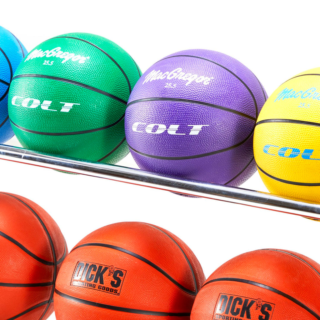 Multicolor Basketballs on Metal Rolling Rack