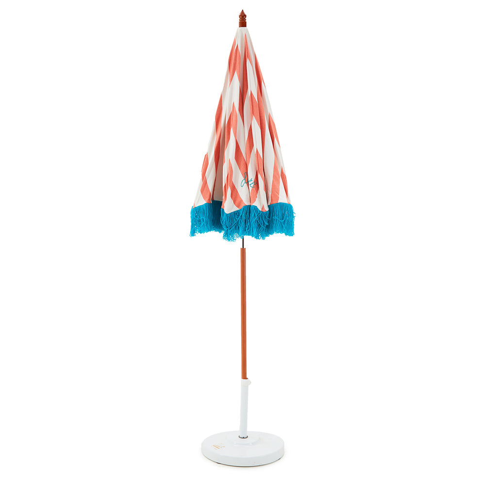 Faded Red and White Stripe Patio Umbrella w Blue Fringe