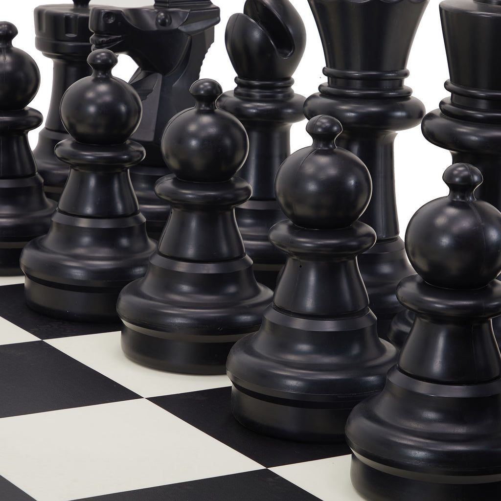 Oversized Black White Chess Set with Checkerboard Mat