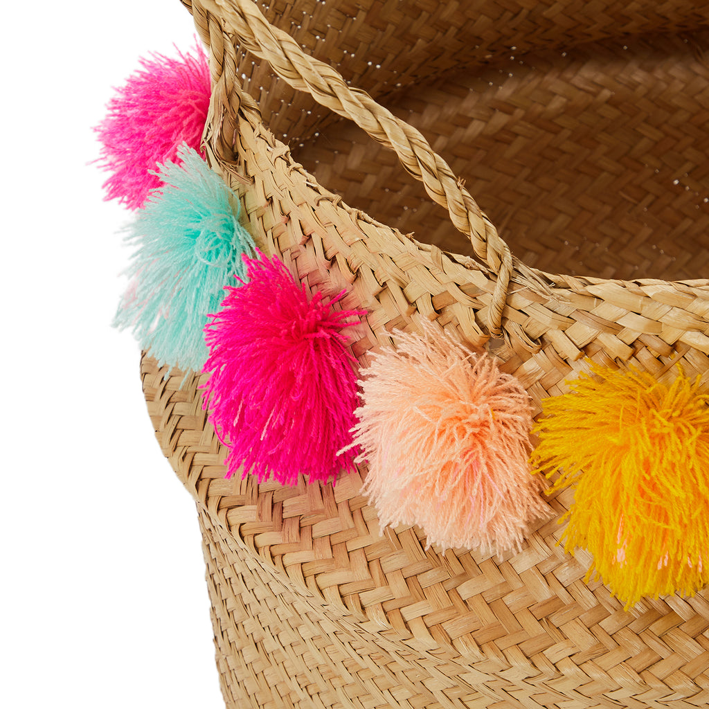 Woven Basket with Colorful Pom Poms