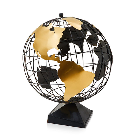 Black Metal Wire Globe with Gold Continents