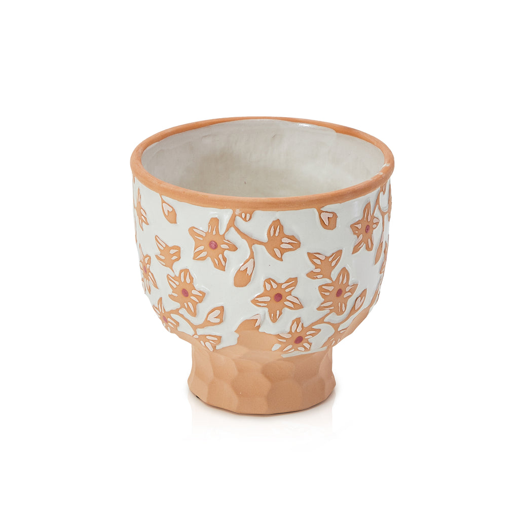 Tan & White Ceramic Pot with Floral Detail (A+D)
