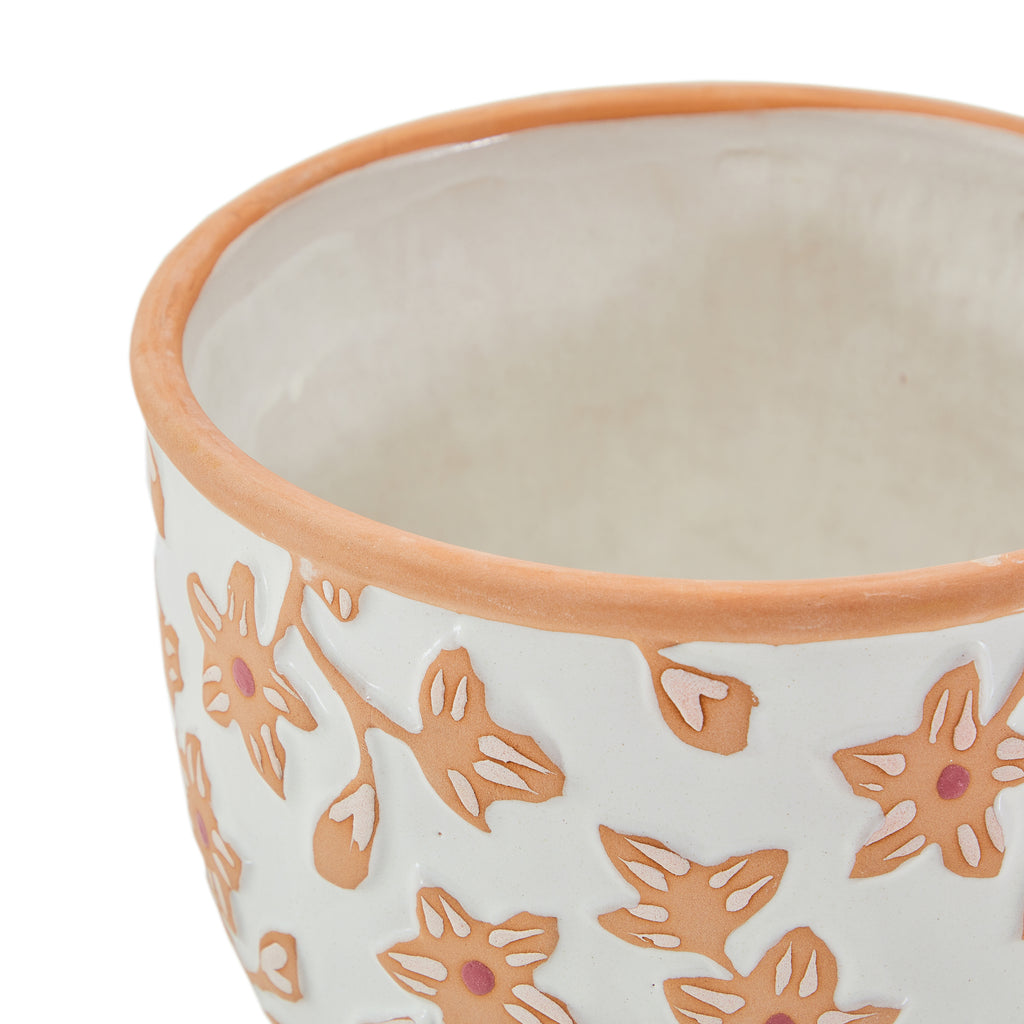 Tan & White Ceramic Pot with Floral Detail (A+D)