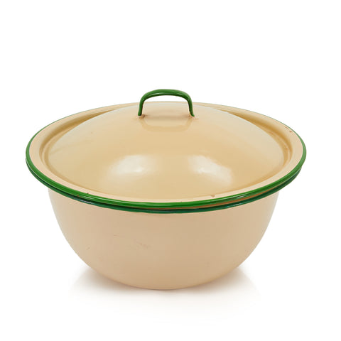 Small Green and Tan Enamel Dutch Oven w Lid