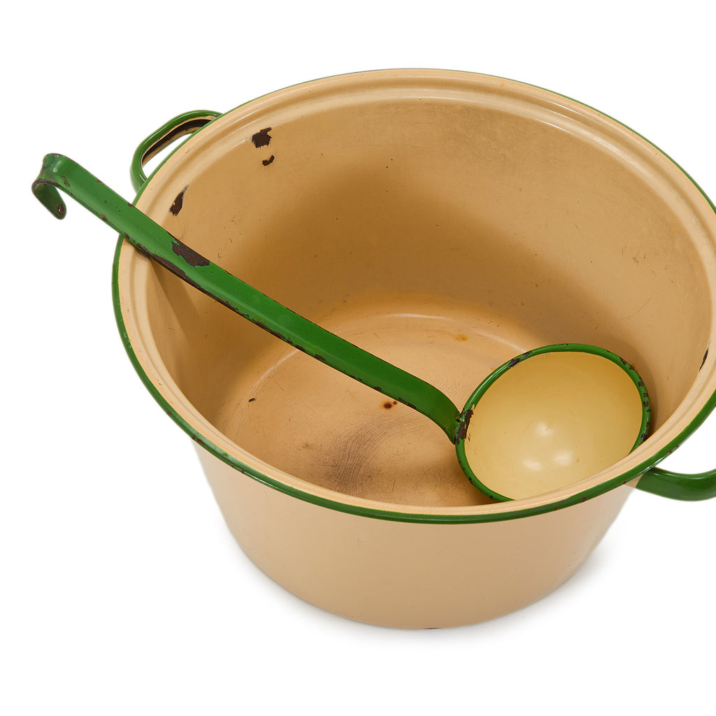 Large Green and Tan Enamel Dutch Oven w Lid