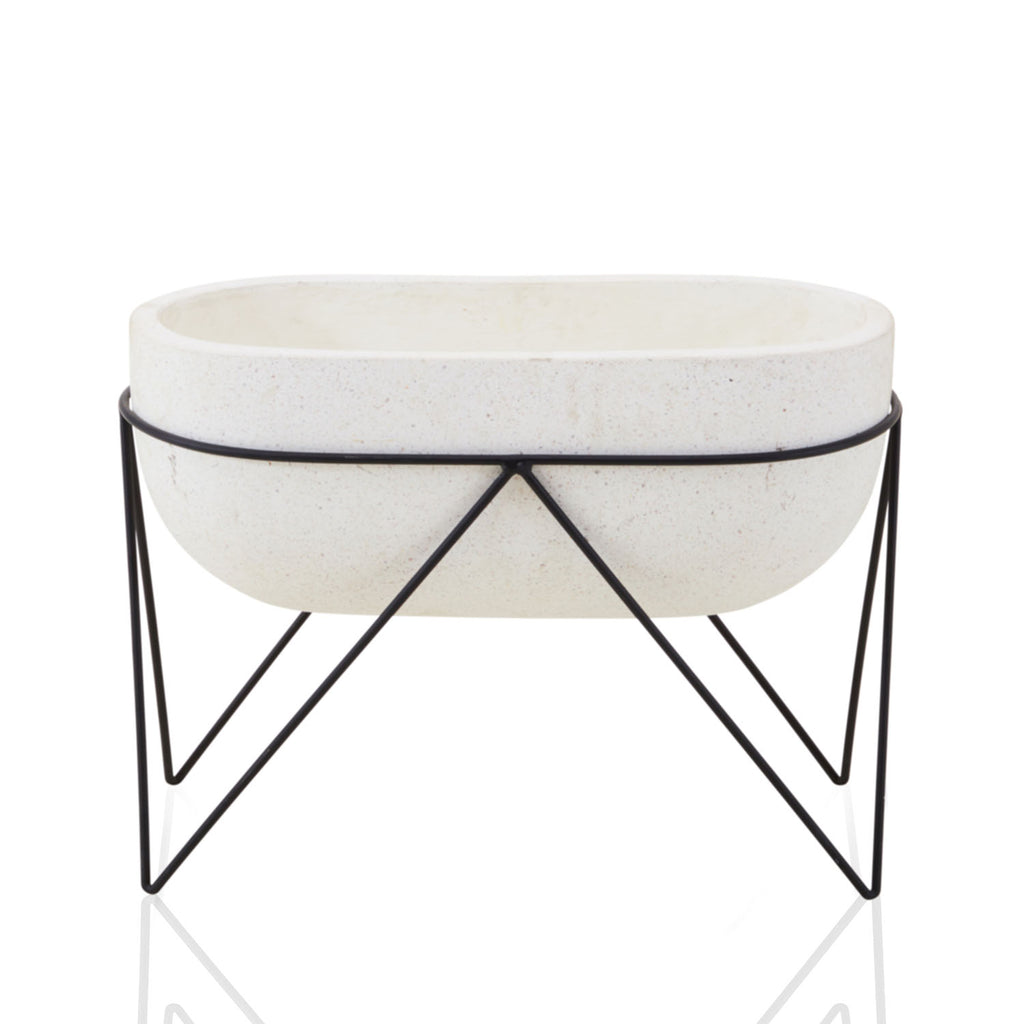 Off-White Bowl Planter with Black Wire Stand